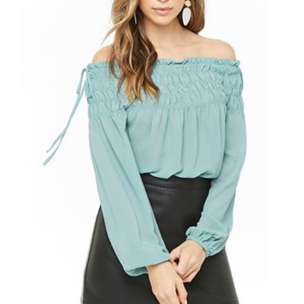 Teal off shoulder rushed cute blouse